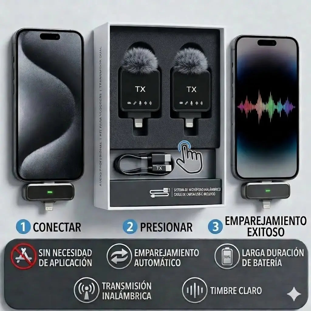 Micrófono Inalámbrico Clip Dual – Compatible iPhone, Android y PC