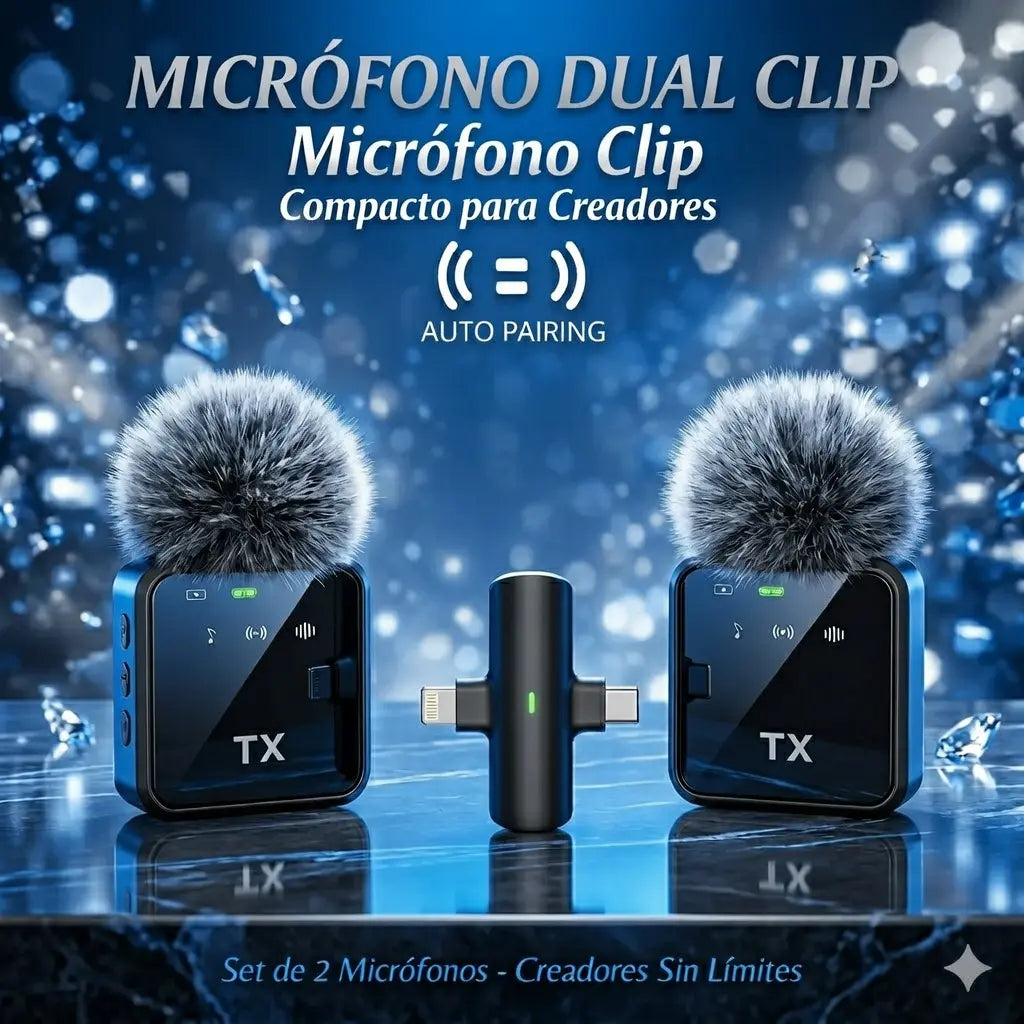 Micrófono Inalámbrico Clip Dual – Compatible iPhone, Android y PC